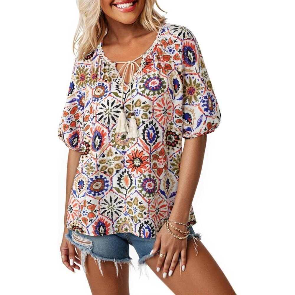 Womens Boho Top Cotton Blend Flowy Short Sleeve V Neck Floral Vacation - Picture 3 of 6